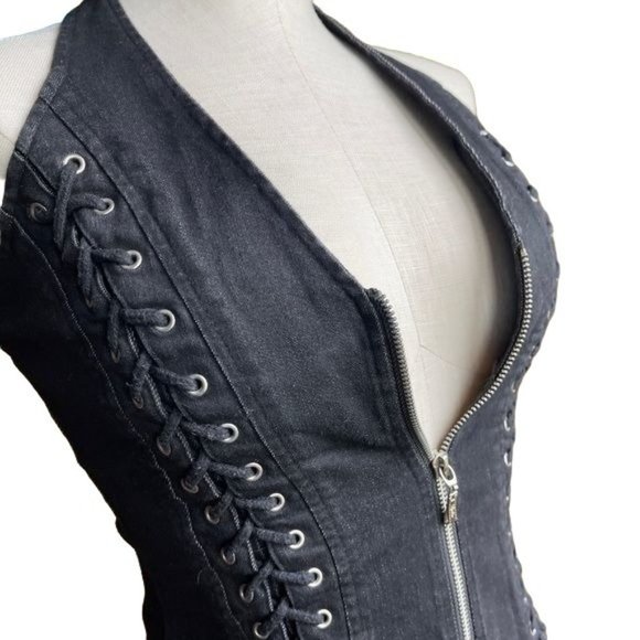 Lydia motorcycle vest Halter Top y2k black denim lace Zip Up Goth Emo Small VTG - Picture 6 of 12